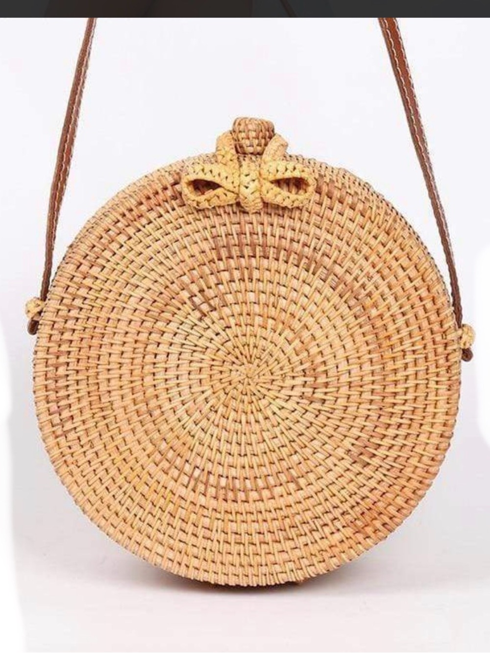 Round Woven Straw Crossbody Bag in Natural Tan